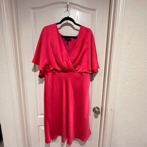 Eloquii Hot Pink Satin Wrap-Front Midi Dress